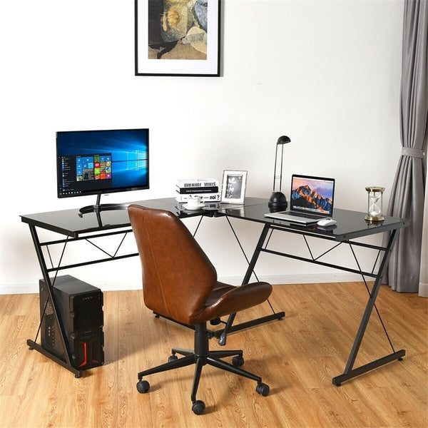 L-Shape Computer Desk Tempered Glass Laptop Table Home Office Furniture Multi-functional Corner Desk HW61188