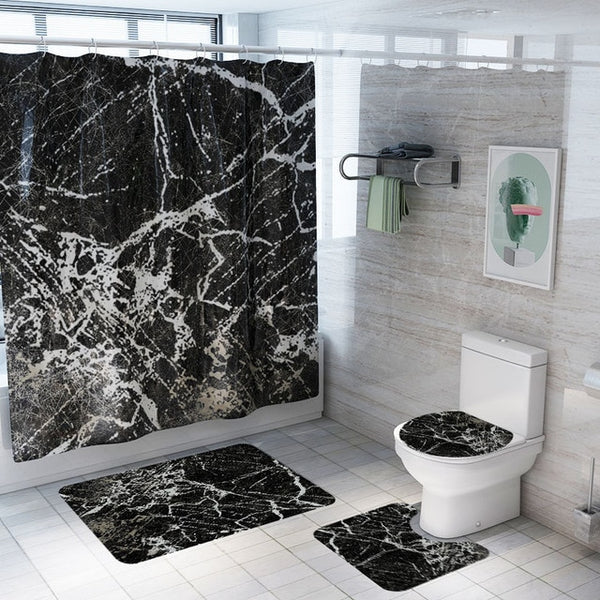 Marble Print Shower Curtain 4 Piece Carpet Cover Toilet Cover Bath Mat Pad Set Bathroom Curtain with 12 Hooks