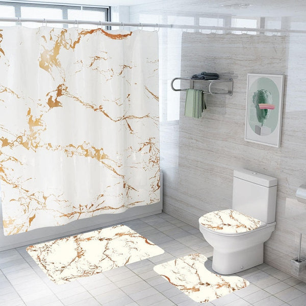 Marble Print Shower Curtain 4 Piece Carpet Cover Toilet Cover Bath Mat Pad Set Bathroom Curtain with 12 Hooks