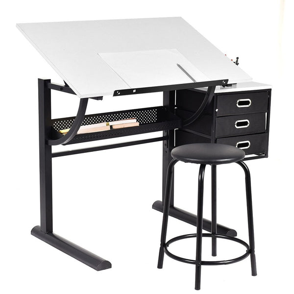 Adjustable Drafting Table Art & Craft Drawing Desk w/Stool Metal School Desks Set HW52946