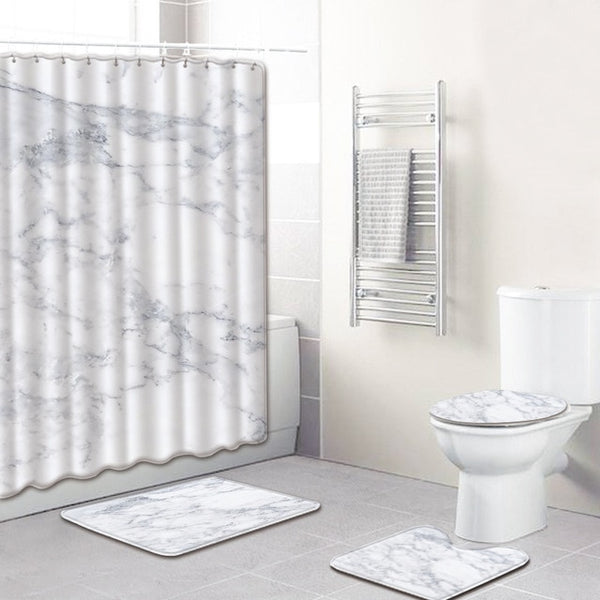 Marble Print Shower Curtain 4 Piece Carpet Cover Toilet Cover Bath Mat Pad Set Bathroom Curtain with 12 Hooks