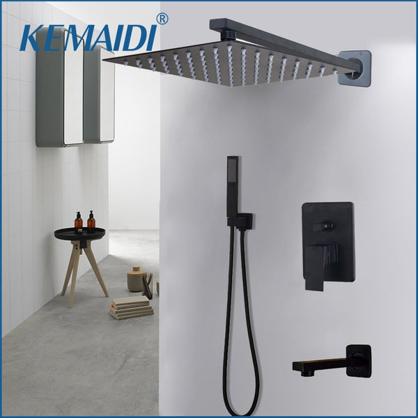 KEMAIDI Bathroom 2-way LED Shower Faucet Set Black 3-Functions 8 12 16 LED Shower Head Mixer Tap W/ Rainfall Hand Shower Faucets