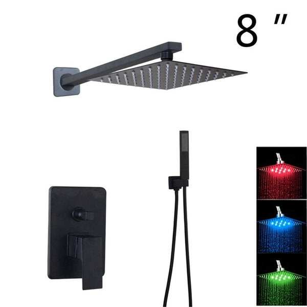 KEMAIDI Bathroom 2-way LED Shower Faucet Set Black 3-Functions 8 12 16 LED Shower Head Mixer Tap W/ Rainfall Hand Shower Faucets