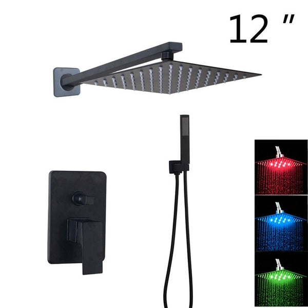 KEMAIDI Bathroom 2-way LED Shower Faucet Set Black 3-Functions 8 12 16 LED Shower Head Mixer Tap W/ Rainfall Hand Shower Faucets