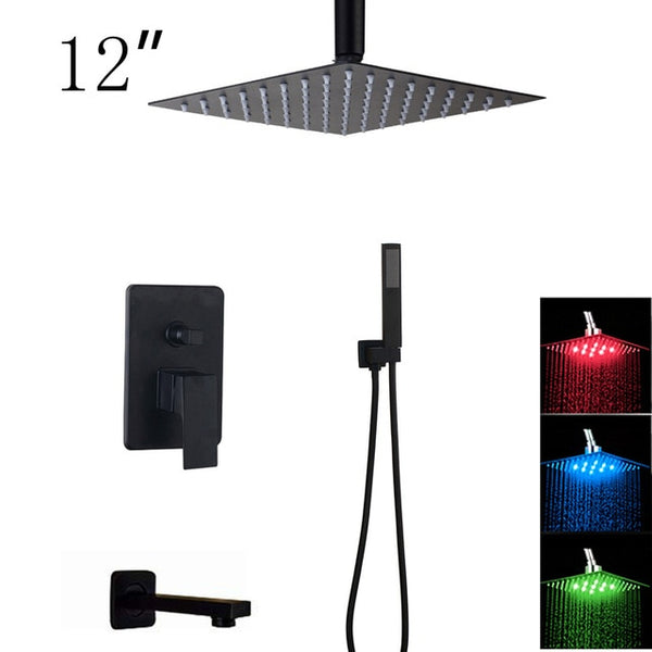 KEMAIDI Bathroom 2-way LED Shower Faucet Set Black 3-Functions 8 12 16 LED Shower Head Mixer Tap W/ Rainfall Hand Shower Faucets