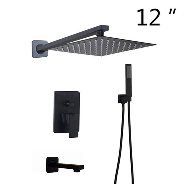 KEMAIDI Bathroom 2-way LED Shower Faucet Set Black 3-Functions 8 12 16 LED Shower Head Mixer Tap W/ Rainfall Hand Shower Faucets