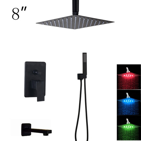 KEMAIDI Bathroom 2-way LED Shower Faucet Set Black 3-Functions 8 12 16 LED Shower Head Mixer Tap W/ Rainfall Hand Shower Faucets