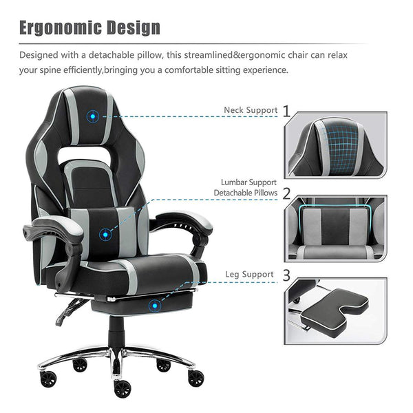 Leather Office Gaming Chair Racing Gaming Chair with Footrest and Lumbar Cushion Reclining Working Chair