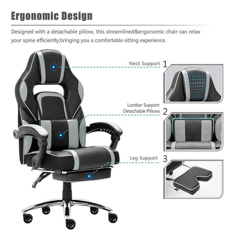 Leather Office Gaming Chair Racing Gaming Chair with Footrest and Lumbar Cushion Reclining Working Chair