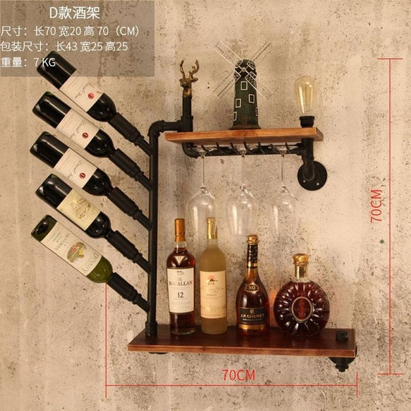 coffee shop bar wine cabinet wine rack Loft retro industrial style shelving shelf wall iron solid wood pipe wall hanging