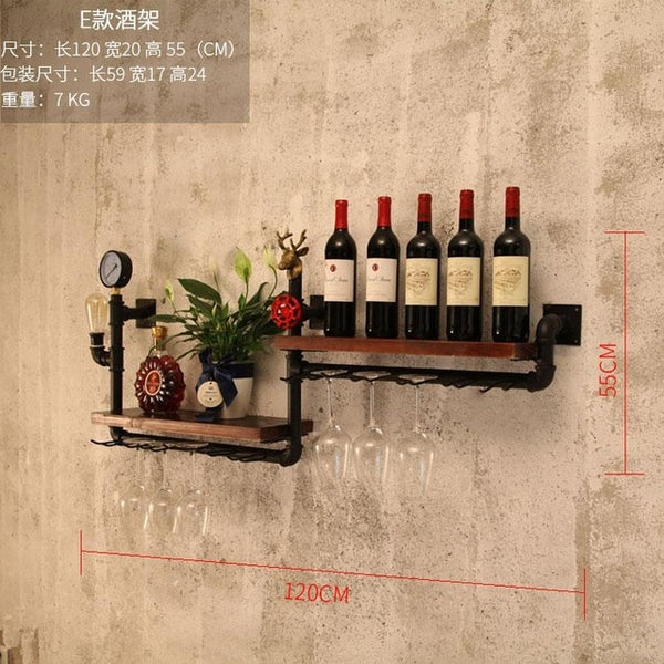 coffee shop bar wine cabinet wine rack Loft retro industrial style shelving shelf wall iron solid wood pipe wall hanging