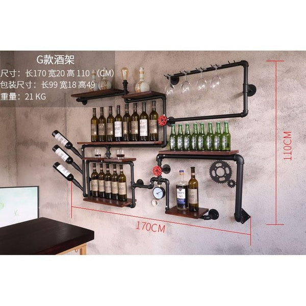 coffee shop bar wine cabinet wine rack Loft retro industrial style shelving shelf wall iron solid wood pipe wall hanging