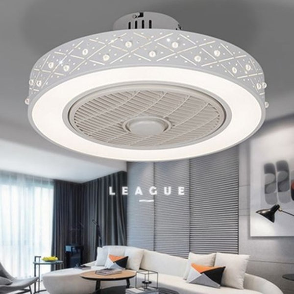 Modern minimalist white painted iron ceiling fan light crystal decorative acrylic LED lighting dimmable bedroom fan lamp AC220