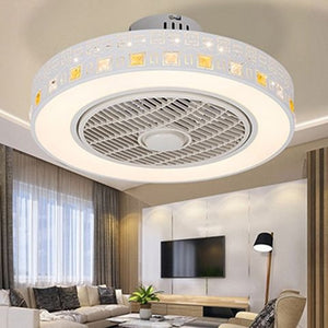 Modern minimalist white painted iron ceiling fan light crystal decorative acrylic LED lighting dimmable bedroom fan lamp AC220