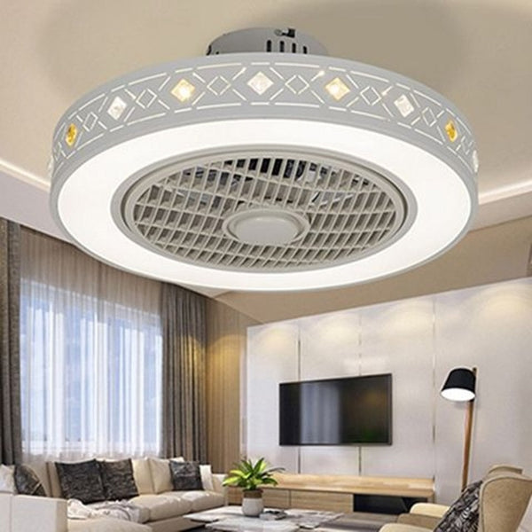 Modern minimalist white painted iron ceiling fan light crystal decorative acrylic LED lighting dimmable bedroom fan lamp AC220