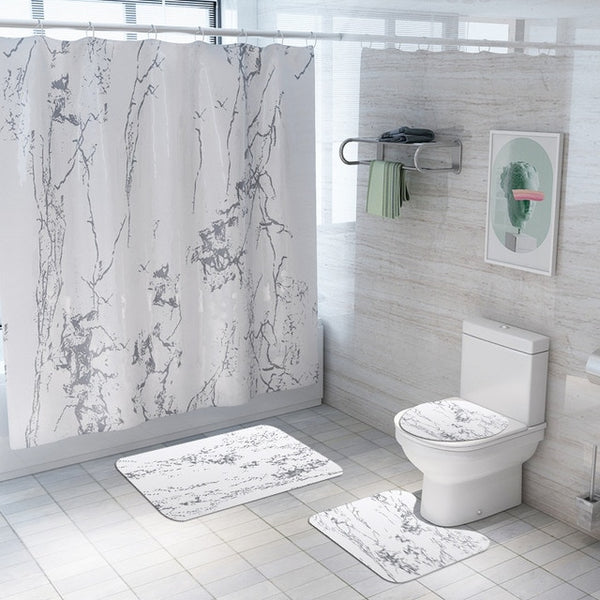 Marble Print Shower Curtain 4 Piece Carpet Cover Toilet Cover Bath Mat Pad Set Bathroom Curtain with 12 Hooks