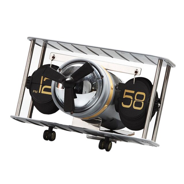 Vintage Airplane Model Table Desktop Clock Hand-made Aircraft Shape Retro Gear Operated Flip Clock Kid's Gift