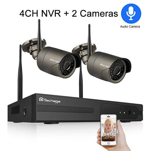 Techage H.265 4CH 1080P Wireless NVR Kit Wifi Security System 2MP Audio Sound Outdoor CCTV IP Camera P2P Video Surveillance Set