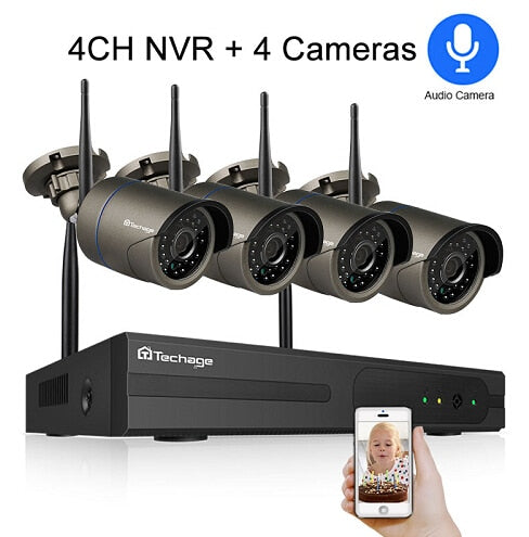 Techage H.265 4CH 1080P Wireless NVR Kit Wifi Security System 2MP Audio Sound Outdoor CCTV IP Camera P2P Video Surveillance Set