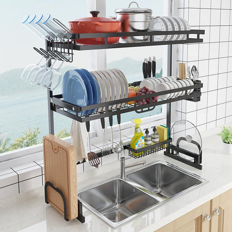 1/2 Layers Multi-use Stainless Steel Dishes Rack Steady Sink Drain Rack Kitchen Organizer Rack Dish Shelf Sink Drying Rack Black