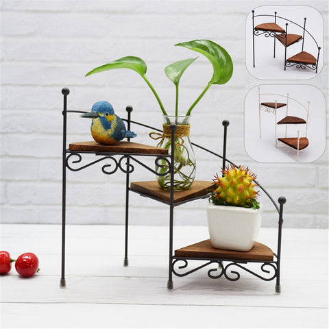 3-Layer Retro Iron Plant Rack Stand Plant Succulent Shelf Staircase Desktop Garden Flower Stand with Wood Plate Home Decorative