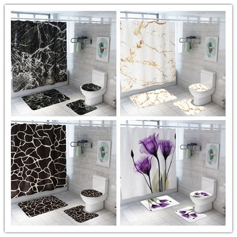 Marble Print Shower Curtain 4 Piece Carpet Cover Toilet Cover Bath Mat Pad Set Bathroom Curtain with 12 Hooks