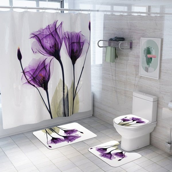 Marble Print Shower Curtain 4 Piece Carpet Cover Toilet Cover Bath Mat Pad Set Bathroom Curtain with 12 Hooks