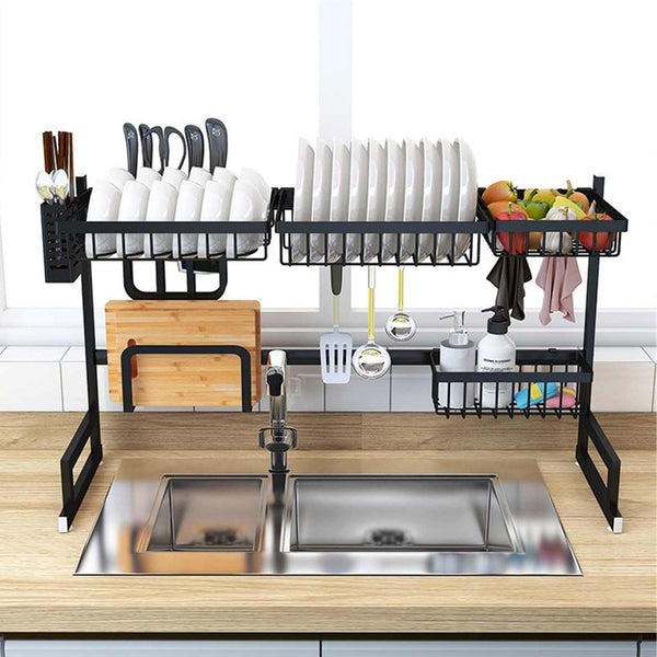 65/85cm Kitchen Shelf Storage Holders Over Sink Stainless Steel  Bowl Dish Rack Organizer Utensils Storage Supplies In Black