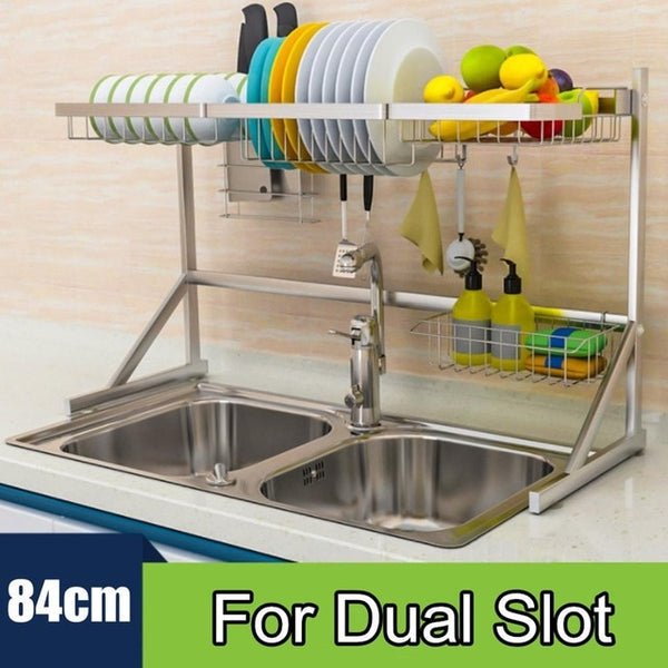 1/2Tier Multi-use Stainless Steel Dishes Rack Dual Sink Drain Rack Adjustable Kitchen Oragnizer Rack Dish Shelf Sink Drying Rack