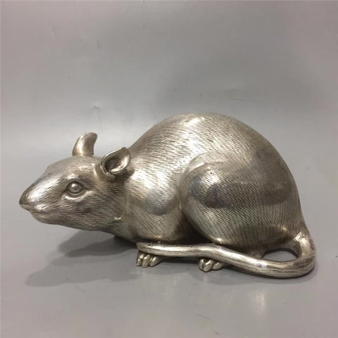 Chinese Tibet Silver Copper Carving Zodiac Animal Mouse Statue Money Rat Good Luck Geomancy Home Decoration