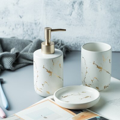 High quality matte marble pattern bathroom soap dispenser ceramic lotion bottle soap dish toothbrush holder mouthwash cup