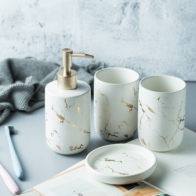 High quality matte marble pattern bathroom soap dispenser ceramic lotion bottle soap dish toothbrush holder mouthwash cup