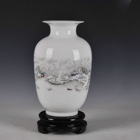 Chinese Style Ancient Snow Scenery White Ceramic Flower Vase Fashion Home Decoration Jingdezhen Porcelain Vases