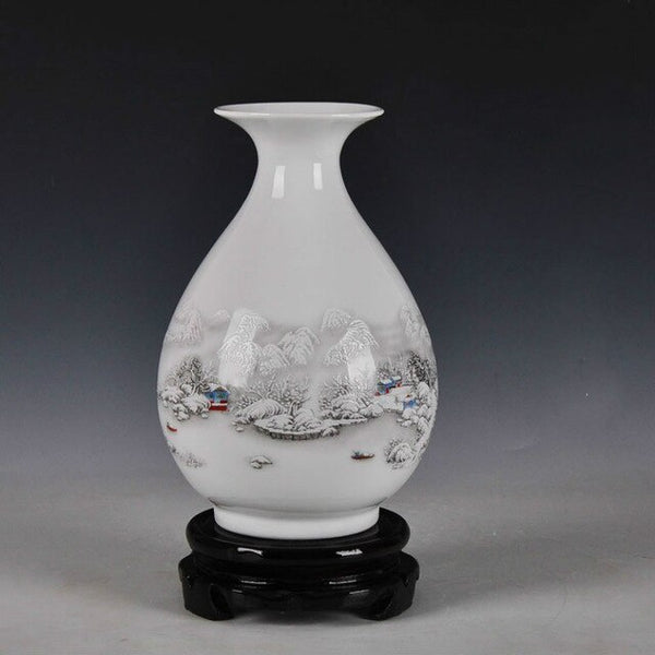 Chinese Style Ancient Snow Scenery White Ceramic Flower Vase Fashion Home Decoration Jingdezhen Porcelain Vases