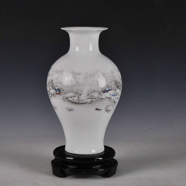 Chinese Style Ancient Snow Scenery White Ceramic Flower Vase Fashion Home Decoration Jingdezhen Porcelain Vases