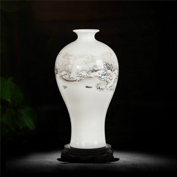 Chinese Style Ancient Snow Scenery White Ceramic Flower Vase Fashion Home Decoration Jingdezhen Porcelain Vases