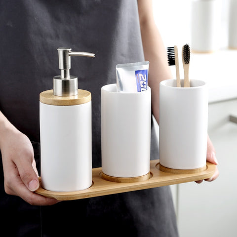 Ceramic Bamboo Bathroom Tumblers Teeth Brushing Cup Bathroom Emulsion Container Kitchen Tableware Dishwashing Liquid Container